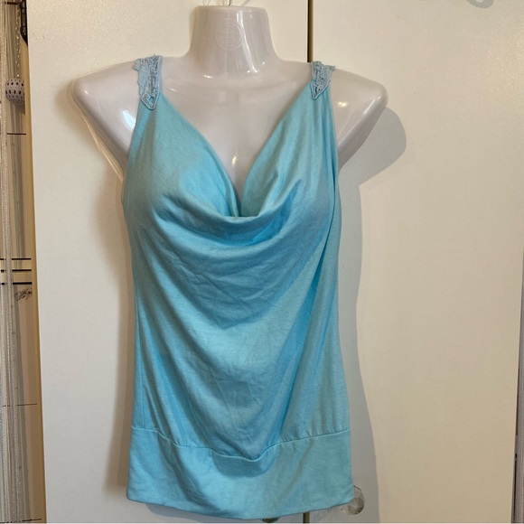 Sirens Light Blue Cowl Neck Lace Racerback Top Size Small - Picture 2 of 16